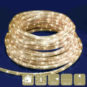 MANGUERA 240 LED CÁLIDO USO INTERIOR/EXTERIOR (IP44). MANGUERA A LA RED ELÉCTRICA. 8 FUNCIONES. GROSOR TUBO: 1 CM. EXTENSIÓN CABLE: 150 CM. LONGUITUD TOTAL: 1000 CM.