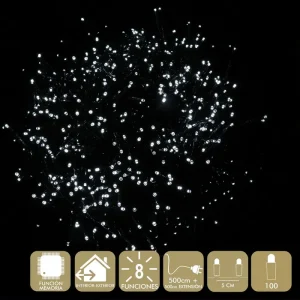 100 LUCES LED 8 FUNCIONES BLANCO GUIRNALDA A LA RED ELÉCTRICA 3,6W. USO INTERIOR / EXTERIOR. IP44. CABLE VERDE. LONGITUD CADENA 500 CM + 500 CM DE EXTENSIÓN. DISTANC IA ENTRE BOMBILLAS: 5 CM.