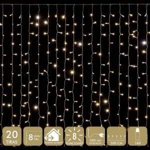 CORTINA 160 LEDS CÁLIDO 5 X 0,90 M 'FUNCIONA CON LA RED ELÉCTRICA 20mA 6W. TRANSFORMADOR CON 8 FUNCIONES. IP44 (USO INTERIOR / EXTERIOR) CABLE TRANSPARARENTE DISTANCIA ENTRE BOMBILLAS: 11 CM. 20 TIRAS. DIATANCIA ENTRE TIRAS: 25 CM
