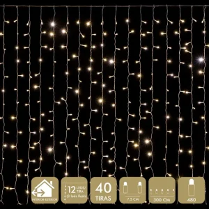 CORTINA 480 LEDS CÁLIDO 3 X 1 M 'FUNCIONA CON LA RED ELÉCTRICA 20mA 12W. TRANSFORMADOR CON 8 FUNCIONES. IP44 (USO INTERIOR / EXTERIOR) CABLE TRANSPARARENTE DISTANCIA ENTRE BOMBILLAS: 9 CM. 40 TIRAS. DISTANCIA ENTRE TIRAS: 7,50 CM.