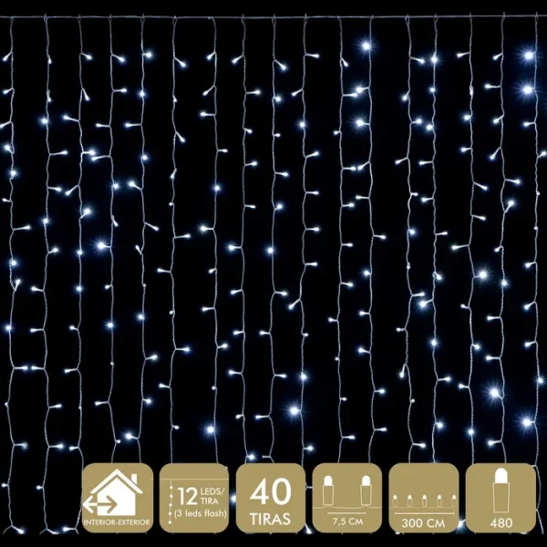 CORTINA 480 LEDS BLANCO 3 X 1 M 'FUNCIONA CON LA RED ELÉCTRICA 20mA 12W. TRANSFORMADOR CON 8 FUNCIONES. IP44 (USO INTERIOR / EXTERIOR) CABLE TRANSPARARENTE DISTANCIA ENTRE BOMBILLAS: 9 CM. 40 TIRAS. DISTANCIA ENTRE TIRAS: 7,50 CM.