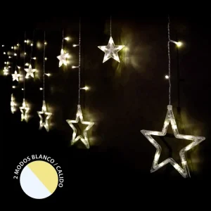 CORTINA ESTRELLAS 138 LEDS BLANCO-CÁLIDO 300 X 100 CM FUNCIONA CON LA RED ELÉCTRICA 3.6W. TRANSFORMADOR CON 8 FUNCIONES. IP44 (USO INTERIOR / EXTERIOR) CABLE DE COLOR TRANSPARENTE. DISTANCIA ENTRE BOMBILLAS: 15 CM. 138 LEDS DE LUZ