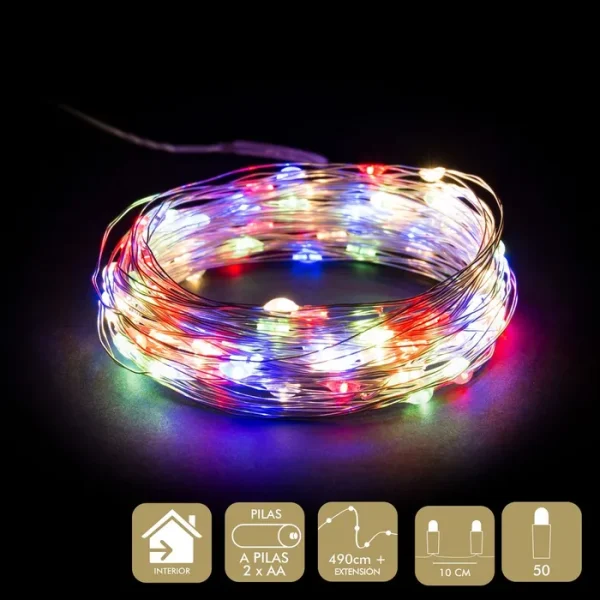 MICRO-LED 50 LUCES METAL MULTICOLOR FUNCIONA A PILAS: 2 X AA (NO INCLUIDAS). IP20 (SOLO USO INTERIOR) CABLE TRANSPARARENTE DISTANCIA ENTRE BOMBILLAS: 10 CM. 50 LEDS DE LUZ MULTICOLOR EXTENSIÓN DE CABLE: 30 CM. ESTE PRODUCTO NO TIE