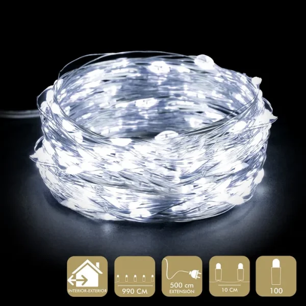 MICRO-LED 100 LUCES METAL BLANCO GUIRNALDA A LA RED ELÉCTRICA 3,6 W. USO INTERIOR / EXTERIOR. IP44. CABLE PLATEADO. LONGITUD CADENA 990 CM + 500 CM DE EXTENSIÓN. DIS TANCIA ENTRE BOMBILLAS: 10 CM. CAJA PVC DE 9 X 18 X 3,5 CM.
