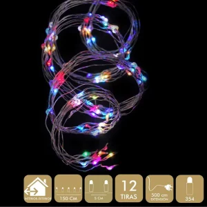 MICRO-LED 354 LUCES METAL MULTICOLOR GUIRNALDA A LA RED ELÉCTRICA 6W. USO INTERIOR / EXTERIOR. IP44. CABLE PLATEADO. LONGITUD CADENA 150 CM + 500 CM DE EXTENSIÓN. DISTAN CIA ENTRE BOMBILLAS 5 CM.