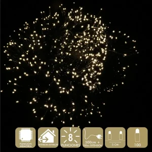100 LUCES LED 8 FUNCIONES CÁLIDO GUIRNALDA A LA RED ELÉCTRICA 3,6W. USO INTERIOR / EXTERIOR. IP44. CABLE VERDE. LONGITUD CADENA 500 CM + 500 CM DE EXTENSIÓN. DISTANC IA ENTRE BOMBILLAS: 5 CM.