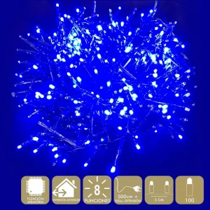 100 LUCES LED 8 FUNCIONES AZUL GUIRNALDA A LA RED ELÉCTRICA 3,6W. USO INTERIOR / EXTERIOR. IP44. CABLE VERDE. LONGITUD CADENA 500 CM + 500 CM DE EXTENSIÓN. DISTANC IA ENTRE BOMBILLAS: 5 CM.