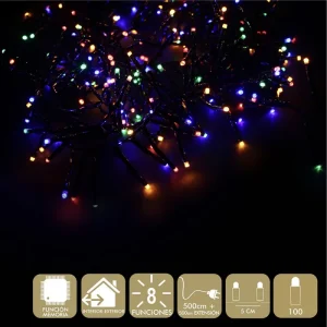 100 LUCES LED 8 FUNCIONES MULTICOLOR GUIRNALDA A LA RED ELÉCTRICA 3,6W. USO INTERIOR / EXTERIOR. IP44. CABLE VERDE. LONGITUD CADENA 500 CM + 500 CM DE EXTENSIÓN. DISTAN CIA ENTRE BOMBILLAS: 5 CM.