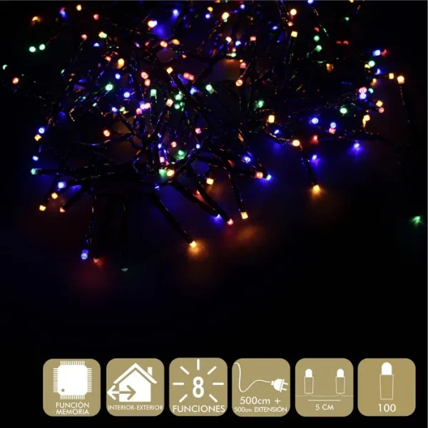 100 LUCES LED 8 FUNCIONES MULTICOLOR GUIRNALDA A LA RED ELÉCTRICA 3,6W. USO INTERIOR / EXTERIOR. IP44. CABLE VERDE. LONGITUD CADENA 500 CM + 500 CM DE EXTENSIÓN. DISTAN CIA ENTRE BOMBILLAS: 5 CM.