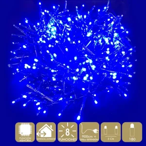 180 LUCES LED 8 FUNCIONES AZUL GUIRNALDA A LA RED ELÉCTRICA 3,6 W. USO INTERIOR / EXTERIOR. IP44. CABLE VERDE. LONGITUD CADENA 900 CM + 500 CM DE EXTENSIÓN. DISTAN CIA ENTRE BOMBILLAS: 5CM. CAJA LITOGRAFIADA DE 14 X 10 X 12 CM.