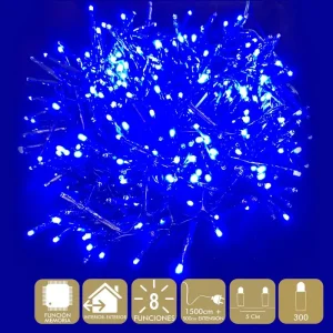 300 LUCES LED 8 FUNCIONES AZUL GUIRNALDA A LA RED ELÉCTRICA 3,6 W. USO INTERIOR / EXTERIOR. IP44. CABLE VERDE. LONGITUD CADENA 1500CM + 500 CM DE EXTENSIÓN. DISTAN CIA ENTRE BOMBILLAS: 5CM. CAJA LITOGRAFIADA DE 19,5 X 13 X 9,5 CM.