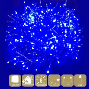 500 LUCES LED 8 FUNCIONES AZUL GUIRNALDA A LA RED ELÉCTRICA 6W. USO INTERIOR / EXTERIOR. IP44. CABLE VERDE. LONGITUD CADENA 25 METROS + 500 CM DE EXTENSIÓN. DISTAN CIA ENTRE BOMBILLAS: 5CM. CAJA LITOGRAFIADA DE 24 X 14,5 X 12 CM.