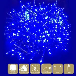 1000 LUCES LED 8 FUNCIONES AZUL GUIRNALDA A LA RED ELÉCTRICA. USO INTERIOR / EXTERIOR. IP44. CABLE VERDE. LONGITUD CADENA 50 METROS + 500 CM DE EXTENSIÓN. DISTANCIA ENTRE BOMBILLAS: 5CM. CAJA LITOGRAFIADA DE 25 X 20 X 18 CM.