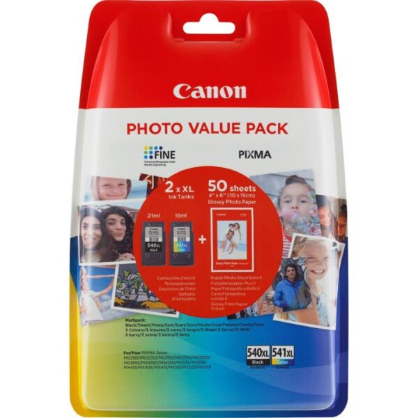 Canon PG540L Negro + CL541XL Color Pack de 2 Cartuchos de Tinta Originales - 50 Hojas de Papel Fotografico - 5224B012 / 5224B007 / 5224B005 / 5222B013 / 5222B014