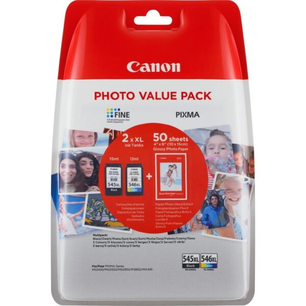 Canon PG545XL Negro + CL546XL Color Pack de 2 Cartuchos de Tinta Originales + 50 Hojas de Papel Fotografico - 8286B011 / 8286B006