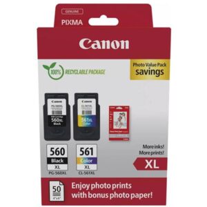 Canon PG560XL Negro + CL561XL Color Pack de 2 Cartuchos de Tinta Originales - 50 Hojas de Papel Fotografico - 3712C008 / 3712C004