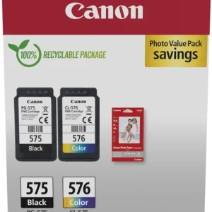Canon PG575 / CL576 Pack de 2 Cartuchos de Tinta Originales + 50 Hojas de Papel Fotografico - 5438C004