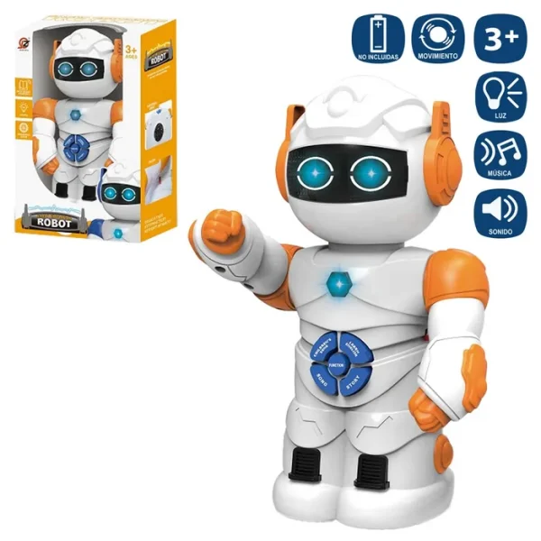ROBOT ANDA LUZ Y SONIDO 17 CM FUNCIONA CON PILAS 3XAA NO INCLUIDAS- CAJA VENTANA 20X 29 CM