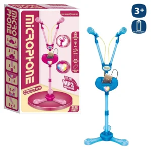 S/2 MICRÓFONO DOBLE 2/C 100 CM MICROFONO AJUSTABLE CONECTOR MP3 Y CESTA TELEFONO- CAJA IMPRESA 21X36-FUNCIONA CON PILAS NO INCLUIDA 3XAA CON LUZ