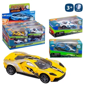 COCHE DECORADO METAL 4/M 10 CM SPORT ESCALA 1:43. CAJA VENTANA 14X6,5 CM. CAJA EXPOSITORA 12 PZAS.
