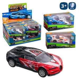COCHE SPORT METAL 4/M 10 CM DECORADO METAL ESCALA 1:43. CAJA VENTANA 14X6,5 CM. CAJA EXPOSITORA 12 PZAS.