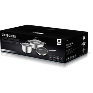 Set de cocina de 5 piezas de acero inoxidable: sartén Ø24 cm, 2 cacerolas, 2 tapaderas de cristal de Ø24 y Ø28 cm.